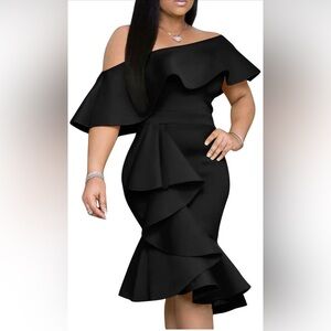 GOBLES Elegant Off The Sholder Back Zipper Ruffles Bodycon Midi Cocktail Dress